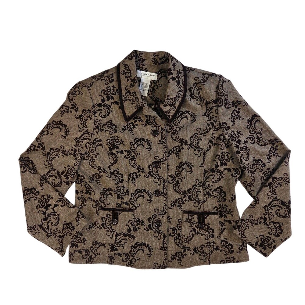 Sag Harbor Women Blazer Brown Velvet Herringbone Damask 14P Petite Career Fall